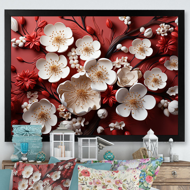 White And Red Orchid Flower Branches III - Abstract Floral Wall Art, Black Closed Corner Framed, 30" H x 40" W x 1.5" D