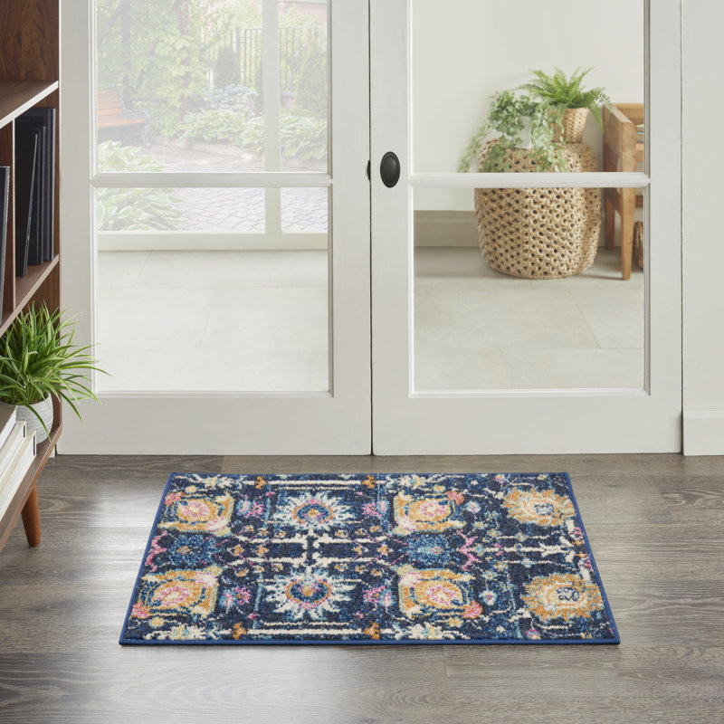 Tapis bleu marine / orange en polypropylène tissé à la machine, Rectangle 1 pi 10 po x 2 pi 10 po