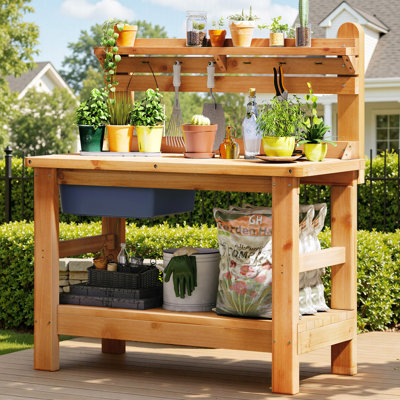 Outdoor Wooden Potting Bench with Storage Cabinet and Removable Sink