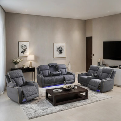 3-Piece Breathing Leather Power Reclining Sofa Set With LED Lights, Wireless Charger, Storage Console & Drop-Down Table by Ivy Bronx