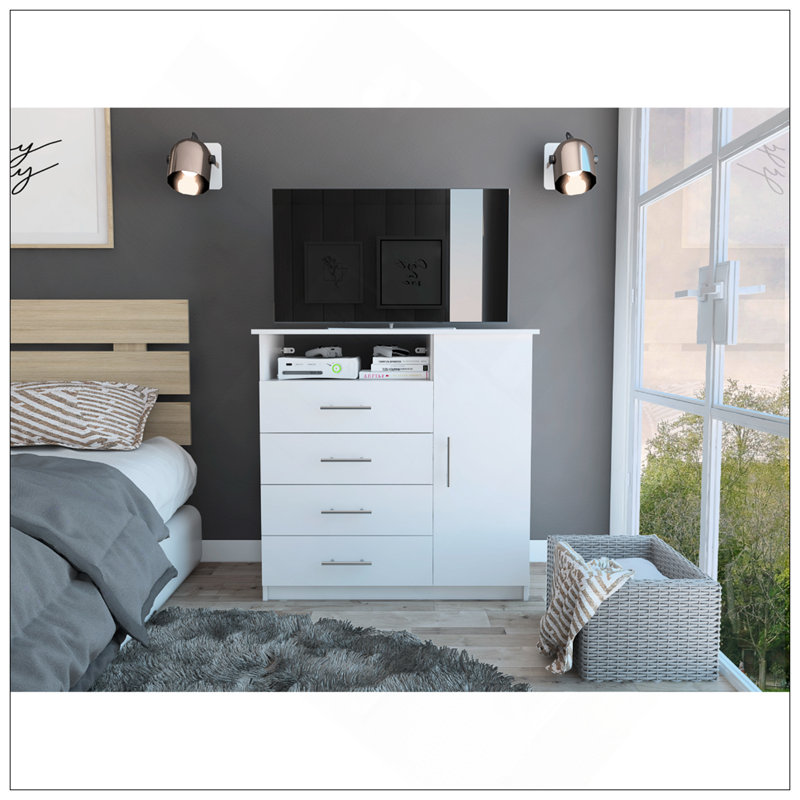 Peru 4 Drawer Dresser, Single Door Cabinet, One Open Shelf, Superior Top, White
