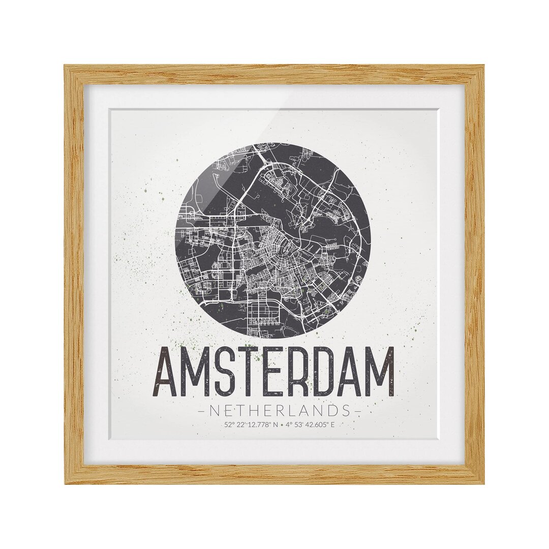 Gerahmtes Papierbild Stadtplan Amsterdam - Retro