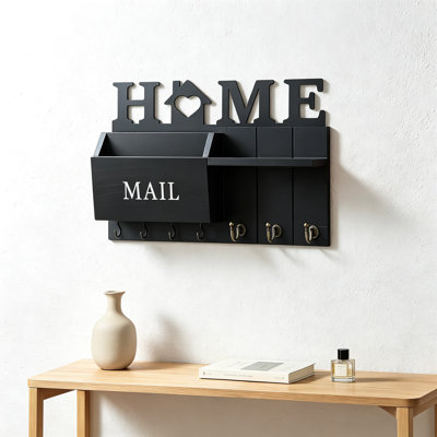 Rustic Wooden Key Holder with Mail Organizer and Shelf, Wall Mounted Entryway Key Rack with Hooks for Keys, Coats, Hats, Bags, and Dog Leash, Farmhous