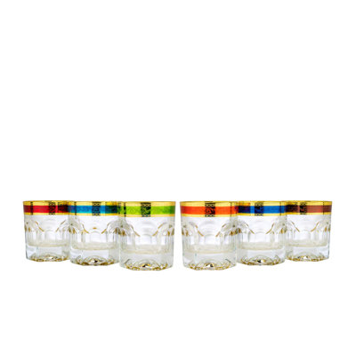 Art Decor A1048, 7 Oz Provenza Old Fashioned Glasses, DOF Tumblers w/Multicoloured Gold Rim, Set of 6