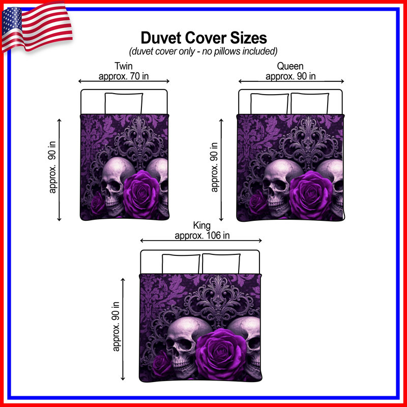Housses de couette mauves crânes et roses, Grand lit