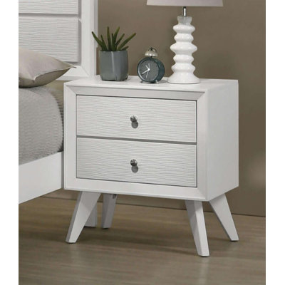 White 2-Drawer Nightstand With Angled Legs And Bronze Knobs - Modern Bedside Table Bedroom Furniture | Gift Idea
