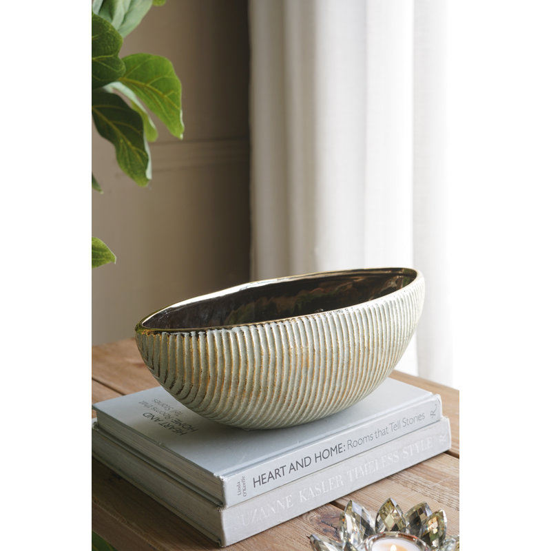 13.5x6x4.5" Ceramic Planter Bowl With Textured Gold Design