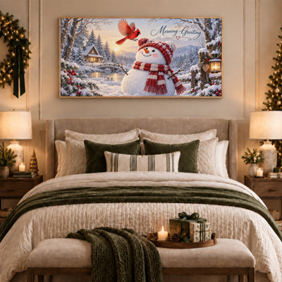«Snowman in Red Knit Hat and Scarf with Cardinal Christmas», art mural sur toile
