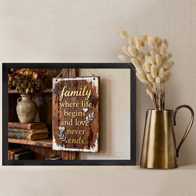«Black Family Vintage encadré où la vie commence et l'amour ne s'arrête jamais», reproduction d'art encadrée de style rétro