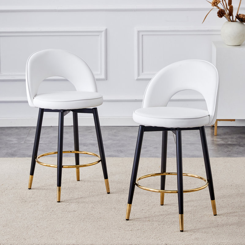 AriaHome 25" Faux Leather Swivel Counter Stools with Cutout Low Back and Gold Footrest (Set of 2), 2, White