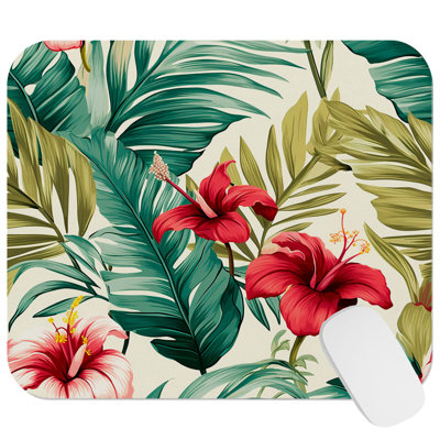 Botanical Hawaiian Tropical Palm Leaves & Hibiscus Flowers II Botanicals Palm Leaf Tropical Gaming Cute Office Laptop Desk Pad Gift Mat Square Rectangle Non-Slip Mousepad