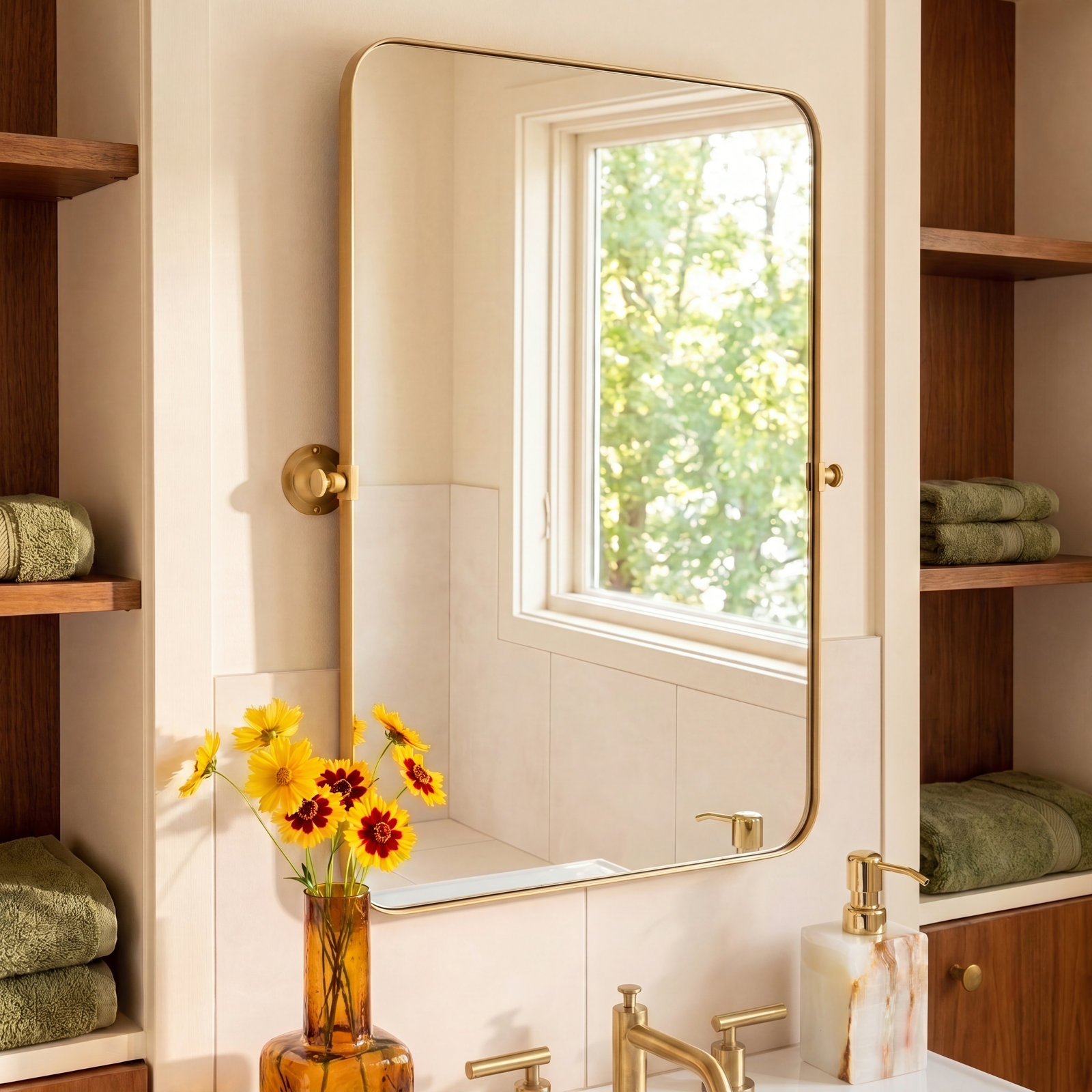 Qualls Makeup Mirror, Gold, 36" H x 24" W