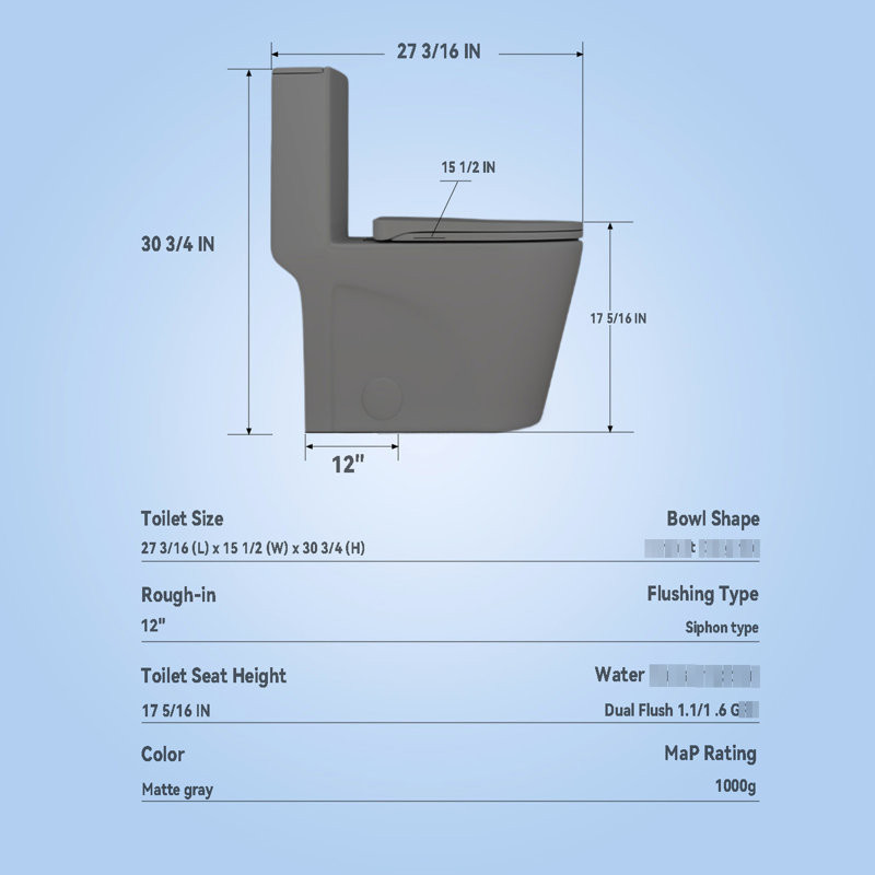 One Toilet With Dual Flush 001. 1.1/1.6 , Soft Close Seat. Water, Elongated Bowl. Height, Grey Ceramic Bathroom Regularization 001 Toilet. Flush, Height. For Systematization