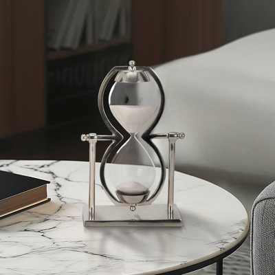 Decorative Metal and Glass Sandtimer Object for Home Decor - Contemporary Sculpture Accent for Office, Table or Living Room Decoration - Silver