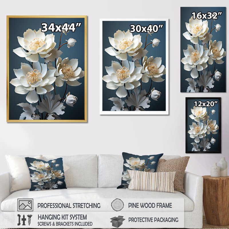Lotus Bliss dévoilé sur toile, Cadre simple blanc, H 44 po x l 34 po x P 1,5 po