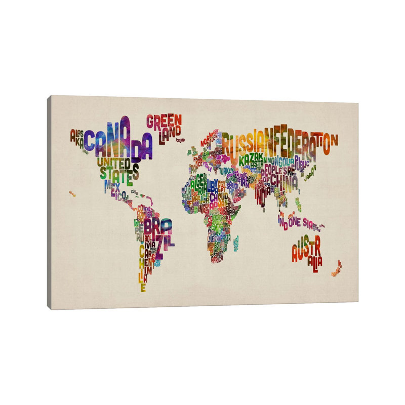 Typographic Text World Map VIII by Michael Tompsett - Wrapped Canvas Print