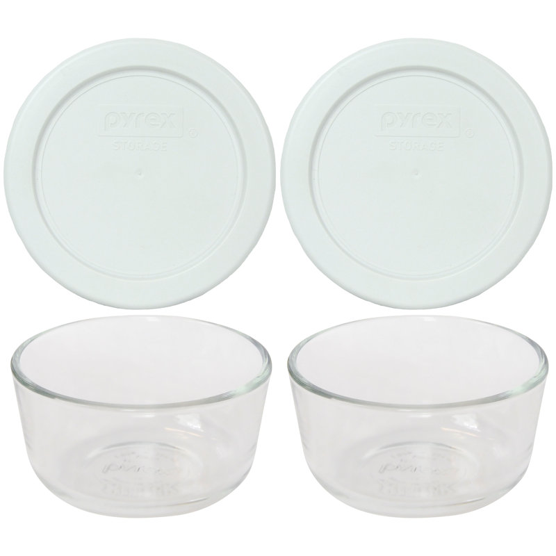 Pyrex (2) bols en verre 1 tasse et 2 (2) couvercles en verre, Blanc