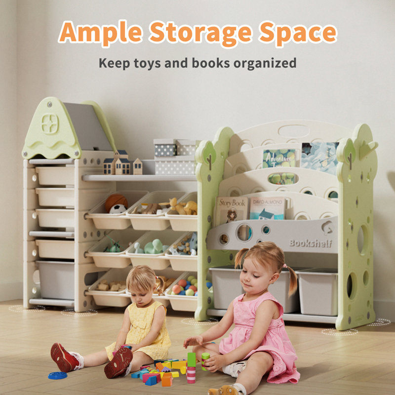 Jameek Kids Toy Storage Organizer with 17 Removable Bins, 4-Tier Bookshelf for Kids, Multi-Purpose Castle-Shaped Toy Organizer