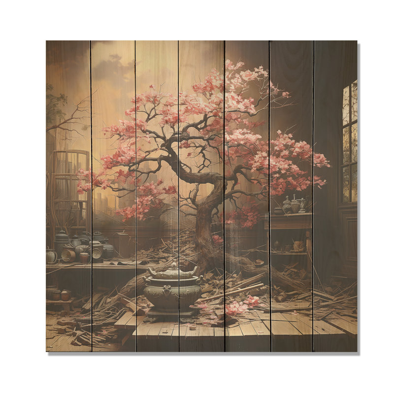 Bonsaï rose rose en fleur - Bonsaï sur bois, H 36 po x l 36 po