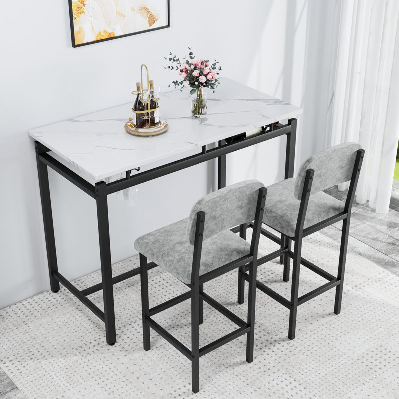 Table de salle à manger moderne et chaises pour 2 personnes, ensemble de table de salle à manger avec finitions en marbre et 2 chaises rembourrées