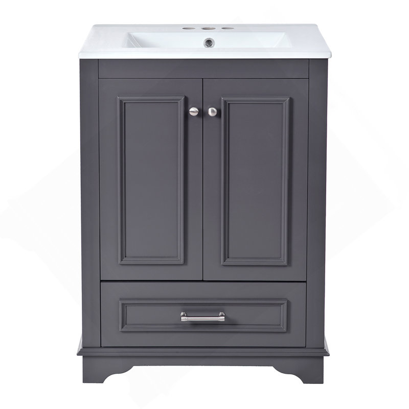 Ensemble de meuble-lavabo 24 po avec lavabo en céramique, armoire de rangement autoportante moderne avec poignées argentées, portes à fermeture douce