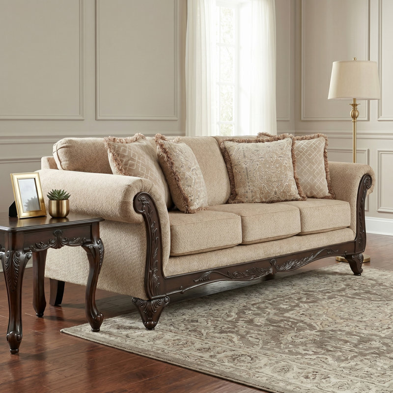 Halima Carved Wood Frame Sofa, Beige Wheat