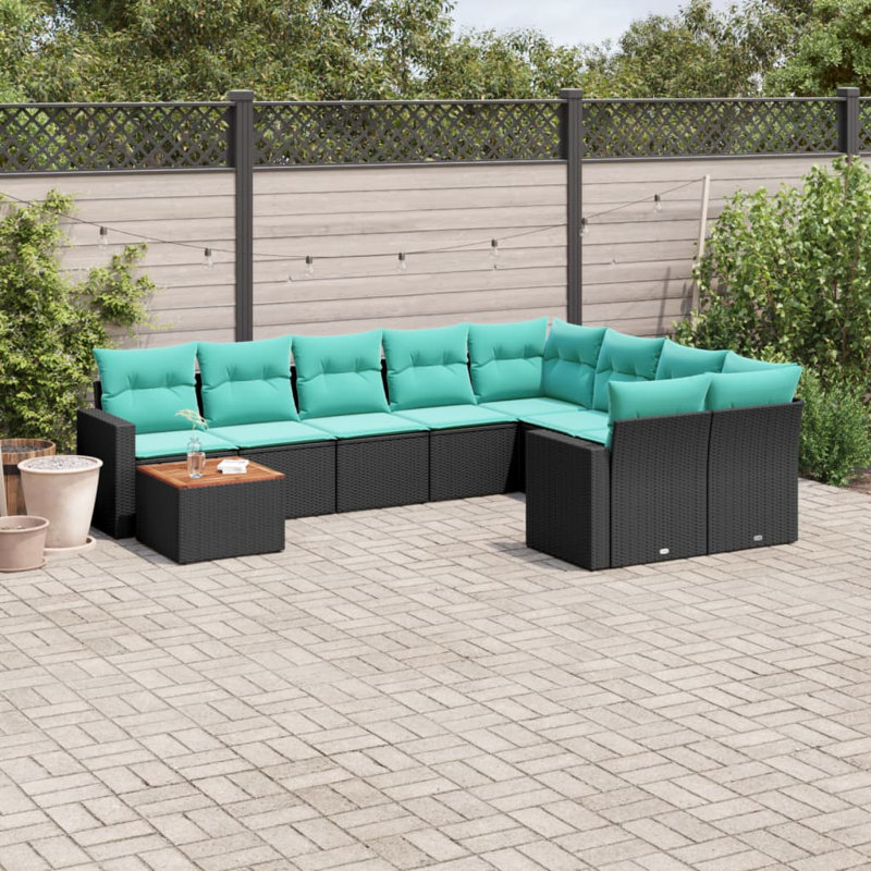 Ensemble de canapé de patio 10 pièces avec coussins en rotin de polyester, Bleu, Noir