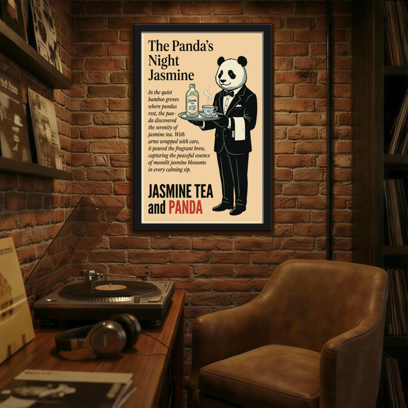 Fashion Panda en smoking servant un thé avec une bouteille de jasmin, H 18 po x l 12 po