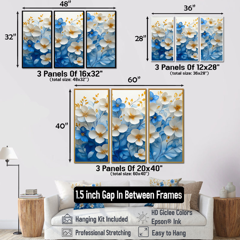 Whie On Velvet Blue Poppies Field II - Art mural coquelicots - ensemble de 3, H 32 po x l 48 po, Argent argent