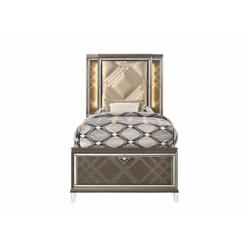 Lit double Skylar en cuir synthétique et finition champagne foncé avec rangement et DEL