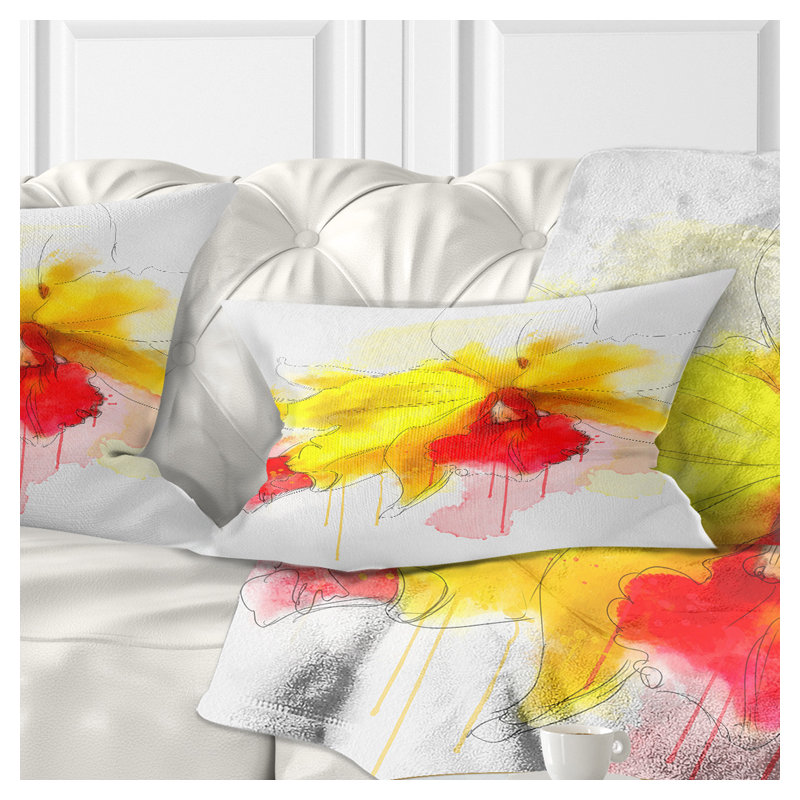 Coussin décoratif à fleurs jaunes et éclaboussures rouges