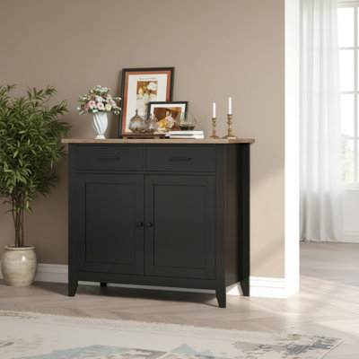 L'armoire de rangement noire de style campagnard, 2 portes et 2 tiroirs, peut être utilisée comme armoire d'entrée, buffet ou comptoir de bar à café.