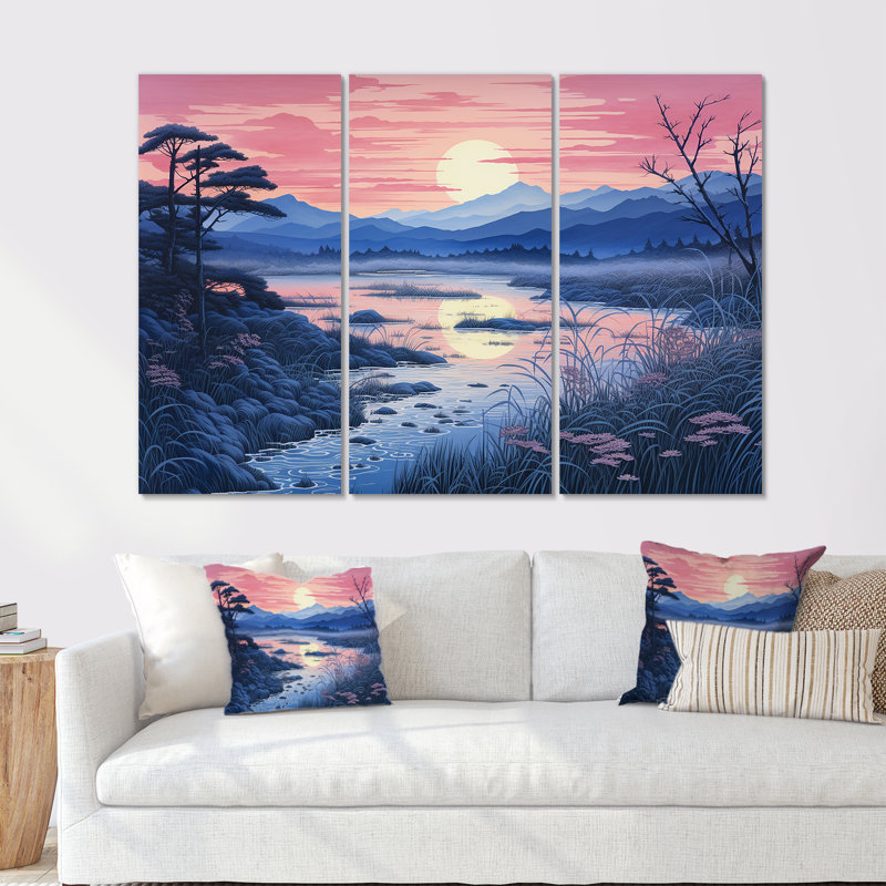 Ensemble de salon rose japonais avec vue sur le lac - rivière Mountain, Toile tendue, H 28 po x l 36 po x P 1 po