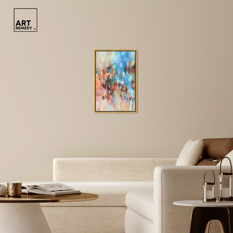 Large Gold Framed Blue and Multicolor Abstract Canvas Art