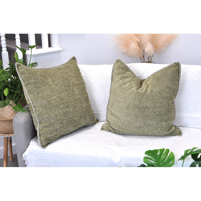 Olive Green Chenille Square Throw Pillow Covers Set with Piped Edges