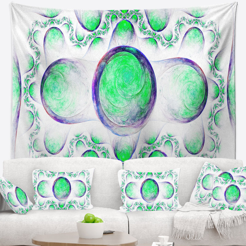 Motif tapisserie abstrait vert sur fond blanc, H 32 po x l 39 po