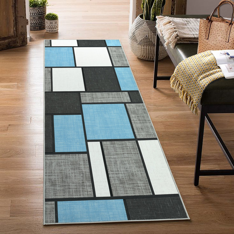 Checked Machine Washable Foldable Printed Rug - Modern Patchwork Design, Non-Slip Mat for Living Room Bedroom Living Room