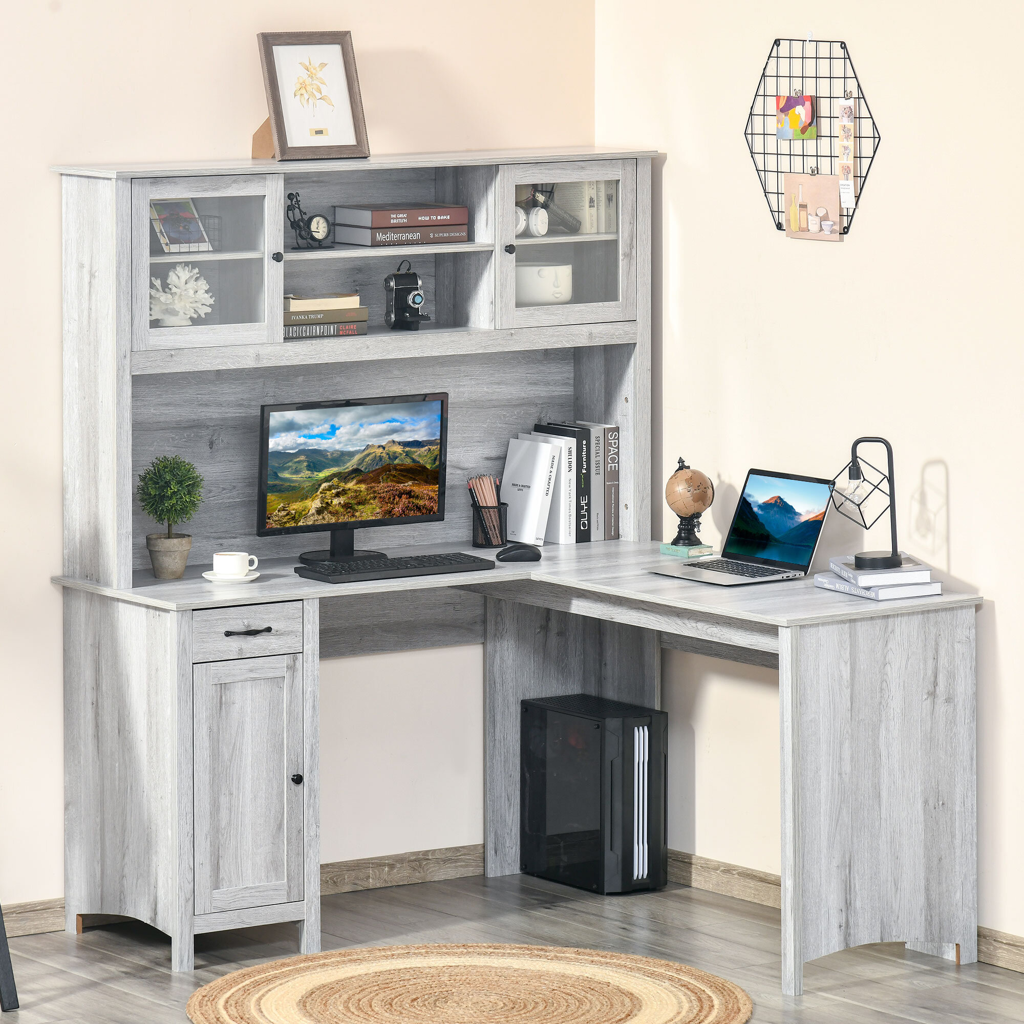 HOMCOM Farmhouse Computer Desk with Hutch and Cabinet, Home office Desk  with Storage, for Study, White