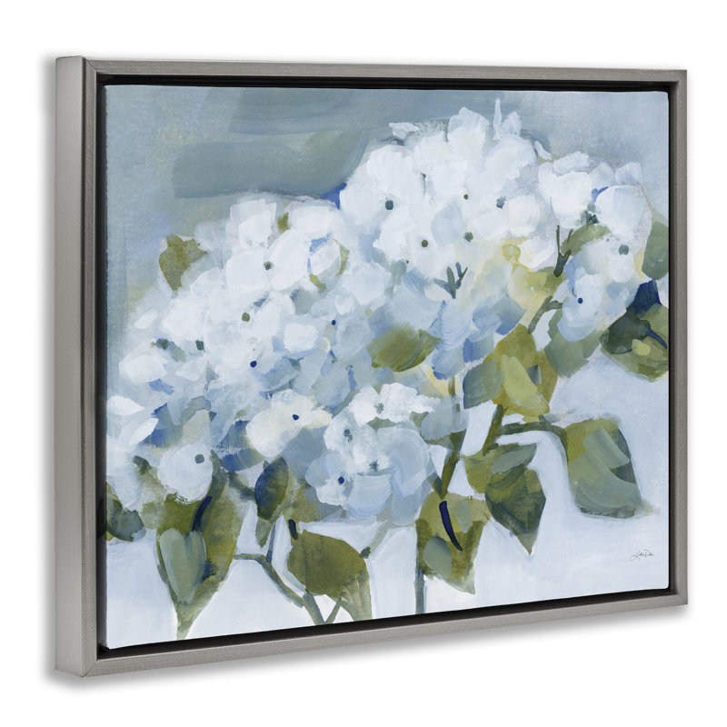 Cadre flottant Blue Spring Cottage Hydrangeas, design par Katrina Pete, H 25 po x l 31 po, Cadre flottant gris lustré
