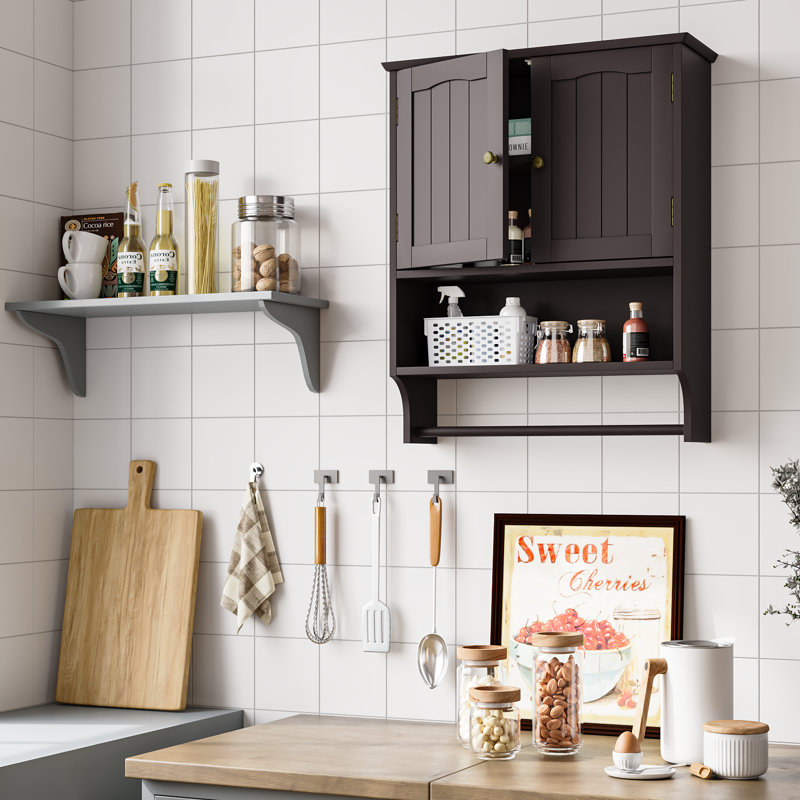 Bathroom Wall Storage Cabinet with Door and Open Shelves, Medicine Cabinet Organizer with Towel Bar, Brown, Large