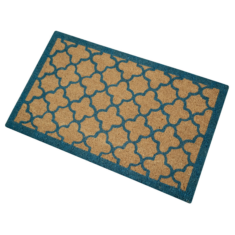 Clara Blue Quatrefoil Non-Slip Outdoor Coir Doormat, 22" W x 36" L