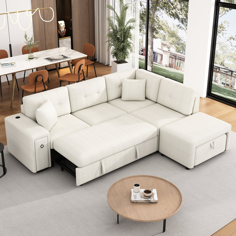 Canapé modulaire beige avec espace de rangement mobile, 2 ports, porte-gobelets, ports en L 86,6 et 86,6 po, Chenille beige