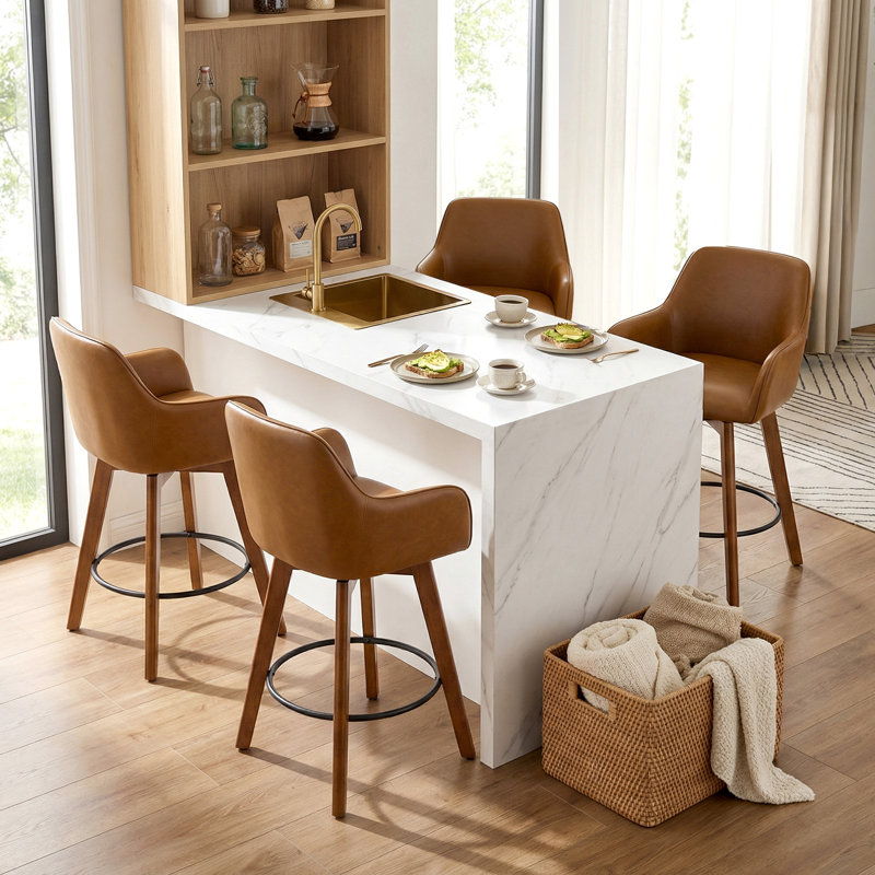 Set of 4 Swivel Upholstered 25'' Counter Stool with Solid Wood Frame & Full Back Arms, Brown
