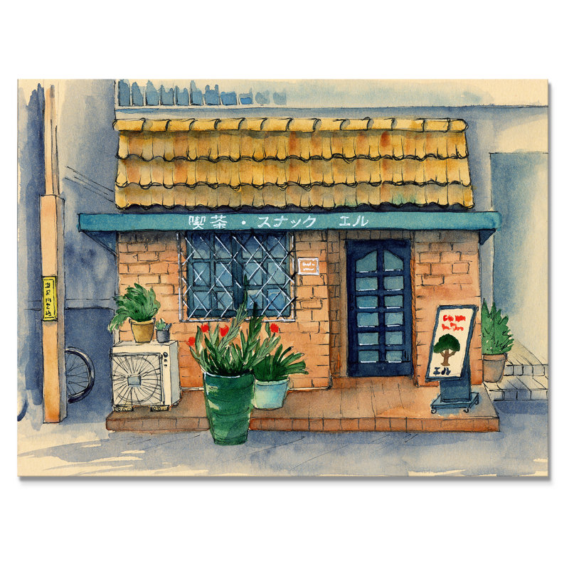 Petit café asiatique sous un toit de tuiles - reproduction sur toile, Toile tendue, H 24 po x l 32 po x P 1 po