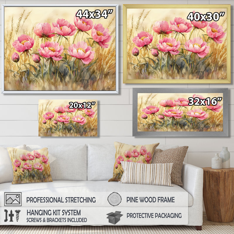 Donnah pivoines dans le champ d'herbe de blé I - pivoines, art mural, Reproduction encadrée d'une seule photo