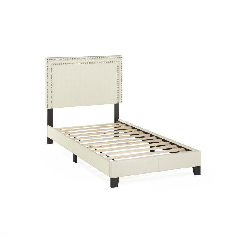 Lit plateforme tapissier à profil bas Carlester, Simple, Crème, 100 % lin