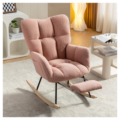 Chaise berçante rose en tissu de peluche avec repose-pieds réglable - Chaise berçante ergonomique pour chambre à coucher et salon