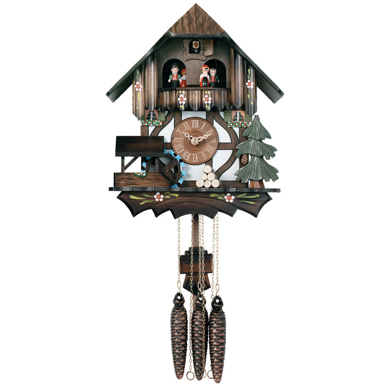  One Day Musical Cuckoo Clock Cottage – 12 in Dancers & Moving Waterwheel – Hand-painted Flowers