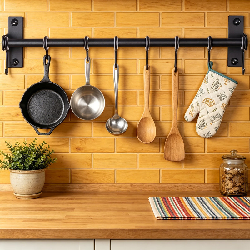 Double Bar Wall Mounted Pot Rack, Black with 8 Hooks for Pans and Kitchen Utensils