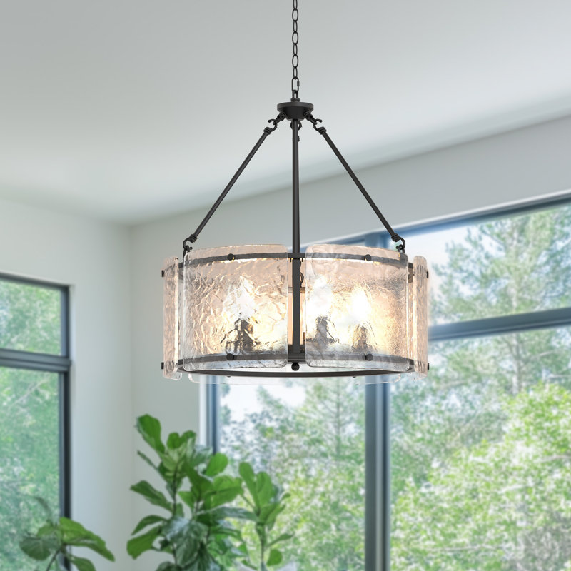 Lustre tambour 20 po à 5 lumières avec abat-jour en verre, Noir mat
